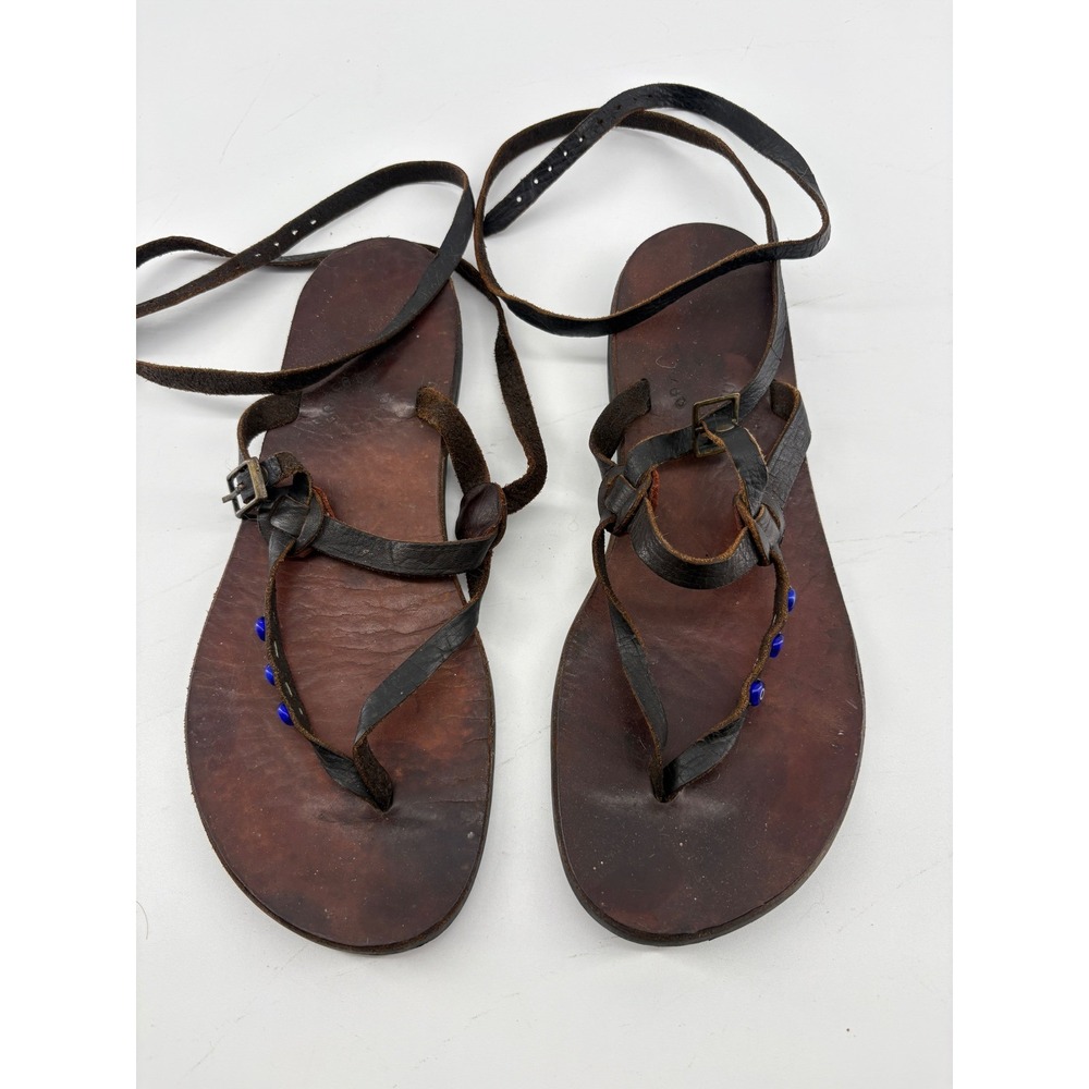 VTG Datca Sandalet Brown Leather Gladiator Wrap Sandals Evil Eye Beads Womens 8